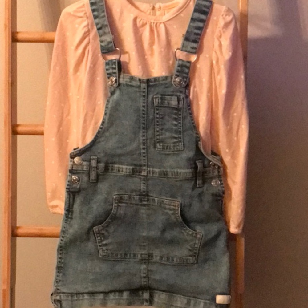 Seven for all mankind size 4 dress denim with long sleeve pink poke a dot tee